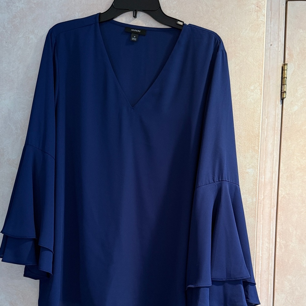Alfani Navy Blue V-Neck Ruffle Sleeve Blouse